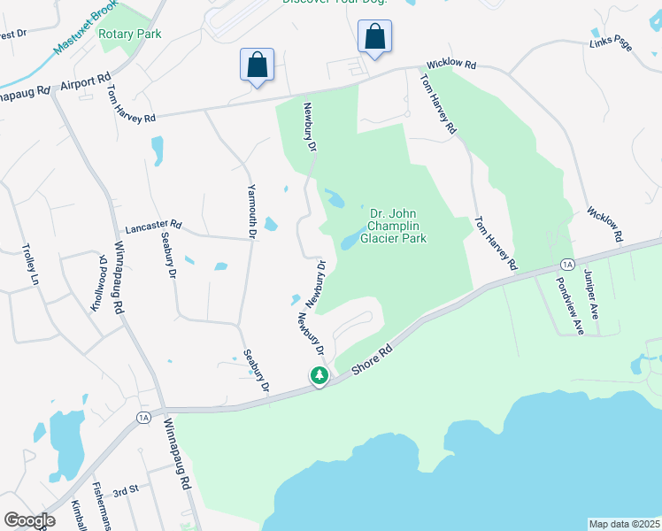 map of restaurants, bars, coffee shops, grocery stores, and more near 1 Newbury Drive in Westerly