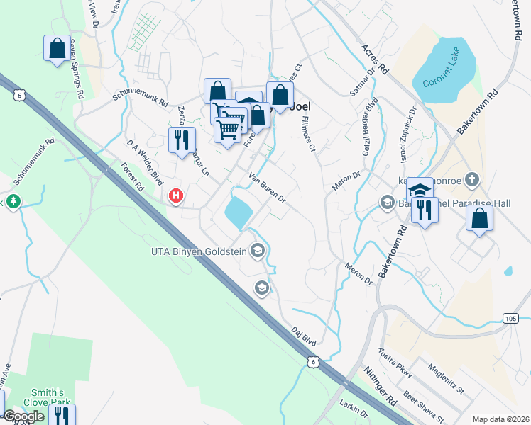 map of restaurants, bars, coffee shops, grocery stores, and more near 26 Quickway Road in Monroe