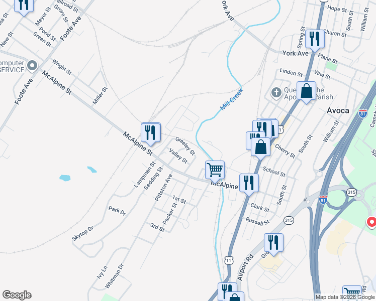 map of restaurants, bars, coffee shops, grocery stores, and more near 699 Greeley Street in Avoca