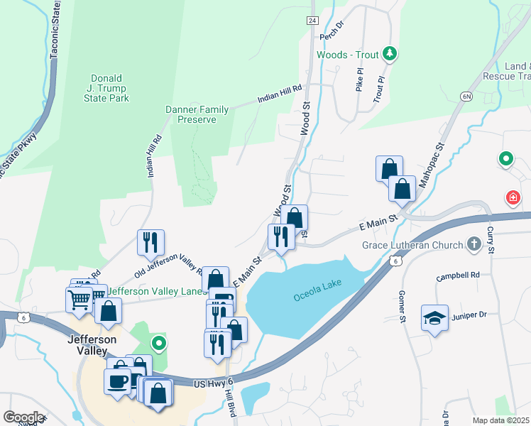 map of restaurants, bars, coffee shops, grocery stores, and more near 3811 Wood Street in Jefferson Valley-Yorktown