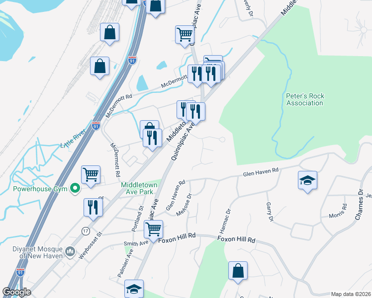 map of restaurants, bars, coffee shops, grocery stores, and more near 31 Quinnipiac Avenue in North Haven
