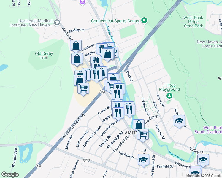 map of restaurants, bars, coffee shops, grocery stores, and more near 95 Amity Road in New Haven