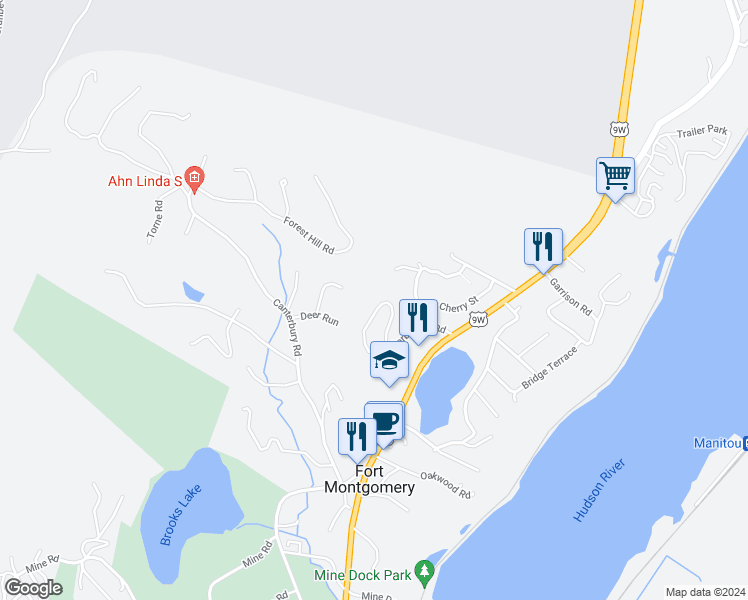 map of restaurants, bars, coffee shops, grocery stores, and more near 65 Corbin Hill Road in Fort Montgomery