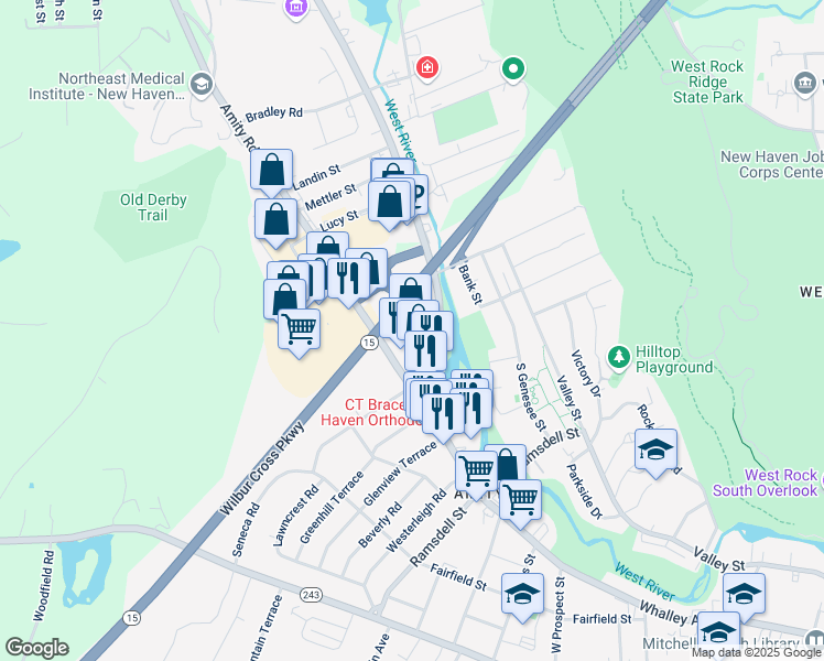 map of restaurants, bars, coffee shops, grocery stores, and more near 95 Amity Road in New Haven