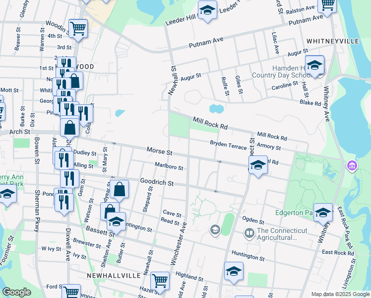 map of restaurants, bars, coffee shops, grocery stores, and more near 1030 Winchester Avenue in Hamden