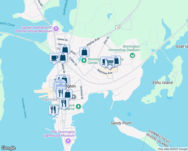 map of restaurants, bars, coffee shops, grocery stores, and more near 17 Summit Street in Stonington