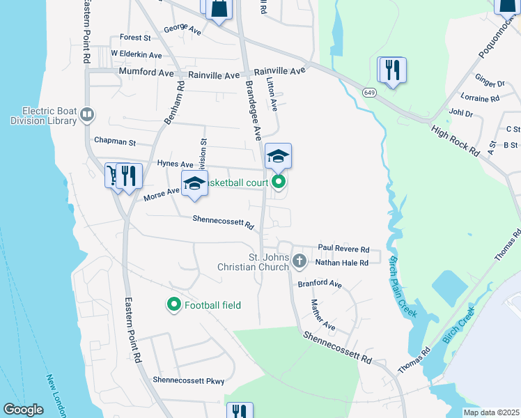 map of restaurants, bars, coffee shops, grocery stores, and more near 300 Brandegee Avenue in Groton