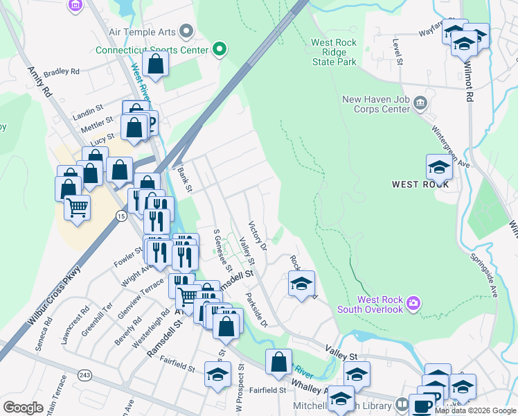 map of restaurants, bars, coffee shops, grocery stores, and more near 28 Hilltop Road in New Haven