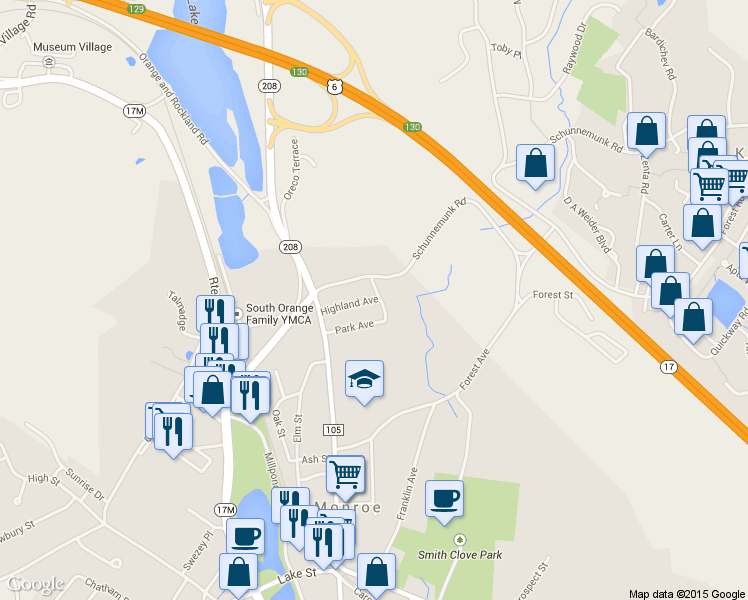 map of restaurants, bars, coffee shops, grocery stores, and more near 92 Highland Avenue in Monroe