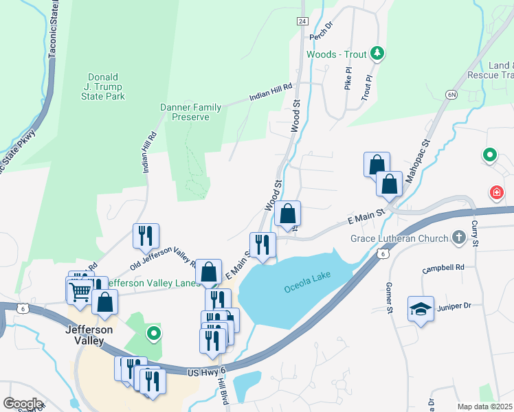 map of restaurants, bars, coffee shops, grocery stores, and more near 3811 Wood Street in Jefferson Valley