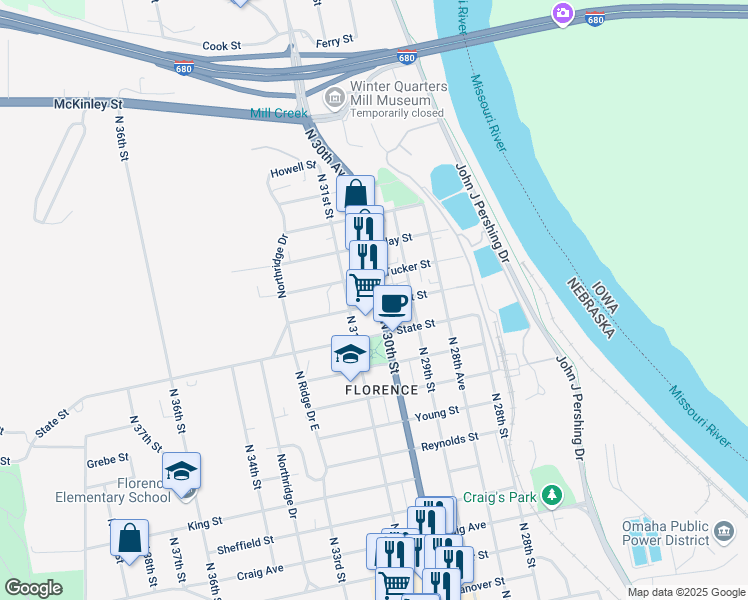 map of restaurants, bars, coffee shops, grocery stores, and more near 8502 North 30th Street in Omaha