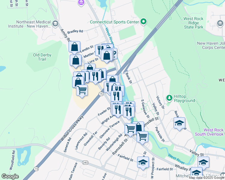 map of restaurants, bars, coffee shops, grocery stores, and more near 95 Amity Road in New Haven