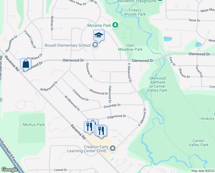map of restaurants, bars, coffee shops, grocery stores, and more near 9854 Oakwood Drive in Twinsburg