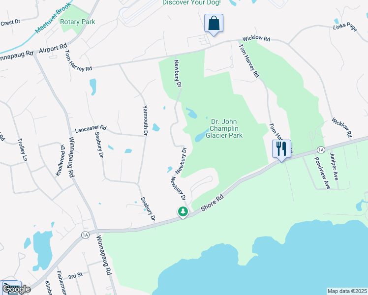 map of restaurants, bars, coffee shops, grocery stores, and more near 1 Newbury Drive in Westerly