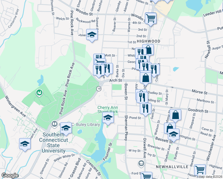 map of restaurants, bars, coffee shops, grocery stores, and more near 22 Warner Street in Hamden