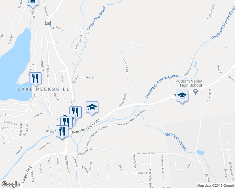 map of restaurants, bars, coffee shops, grocery stores, and more near 17 Marsh Hill Road in Putnam Valley
