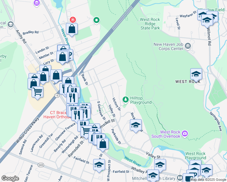map of restaurants, bars, coffee shops, grocery stores, and more near 523 Valley Street in New Haven