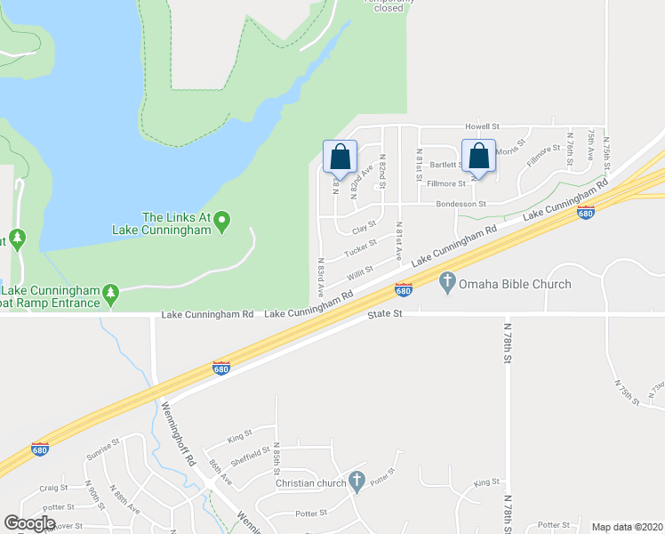 map of restaurants, bars, coffee shops, grocery stores, and more near 8239 Tucker Street in Omaha