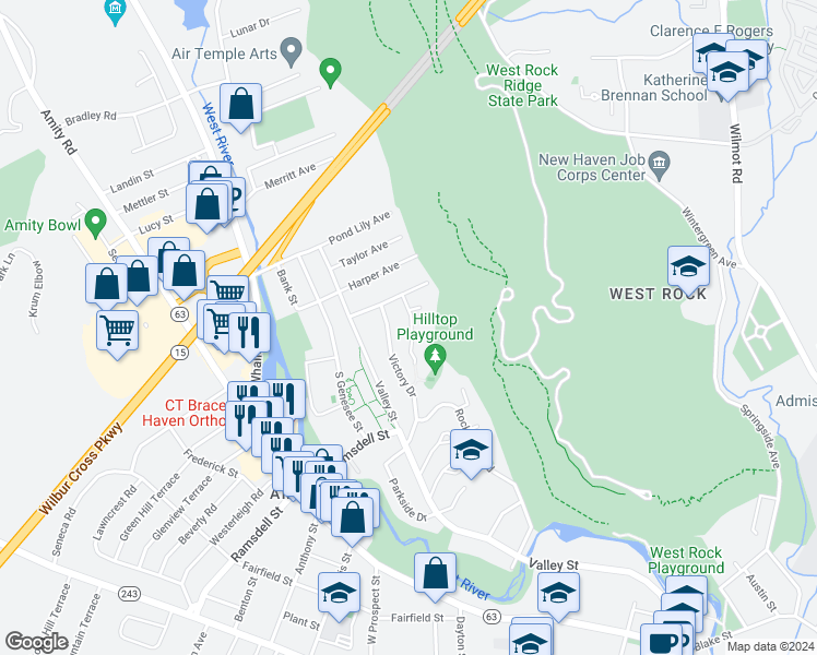 map of restaurants, bars, coffee shops, grocery stores, and more near 7 Hilltop Road in New Haven