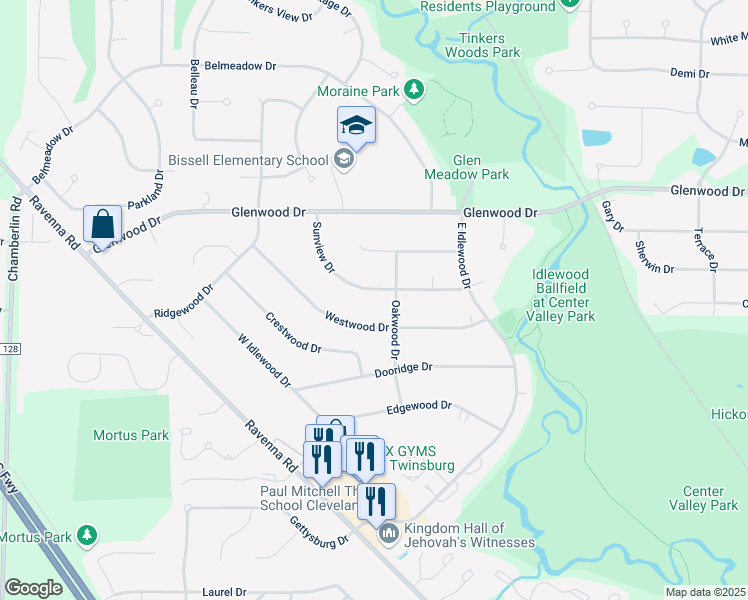 map of restaurants, bars, coffee shops, grocery stores, and more near 1853 Westwood Drive in Twinsburg