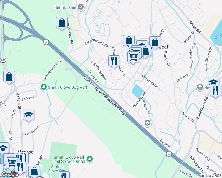 map of restaurants, bars, coffee shops, grocery stores, and more near 16 Forest Road in Monroe
