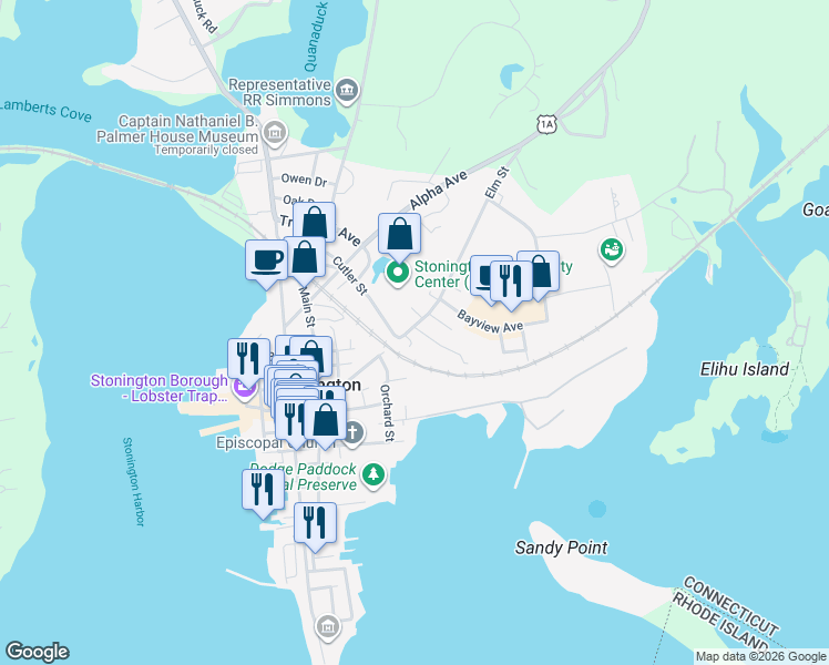 map of restaurants, bars, coffee shops, grocery stores, and more near 105 Elm Street in Stonington