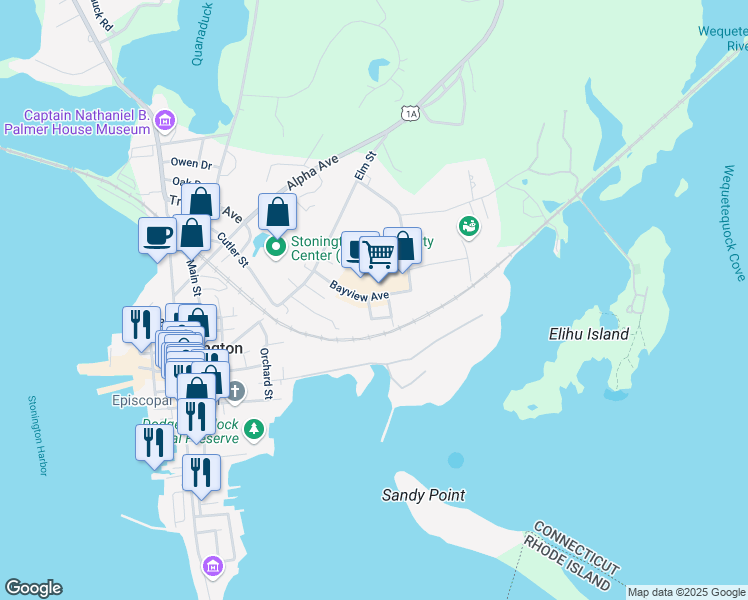 map of restaurants, bars, coffee shops, grocery stores, and more near 11 Bradley Street in Stonington