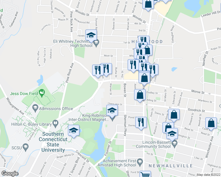 map of restaurants, bars, coffee shops, grocery stores, and more near 22 Warner Street in Hamden