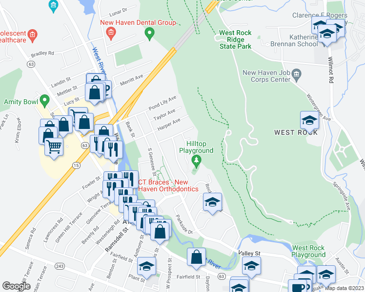 map of restaurants, bars, coffee shops, grocery stores, and more near 28 Hilltop Road in New Haven
