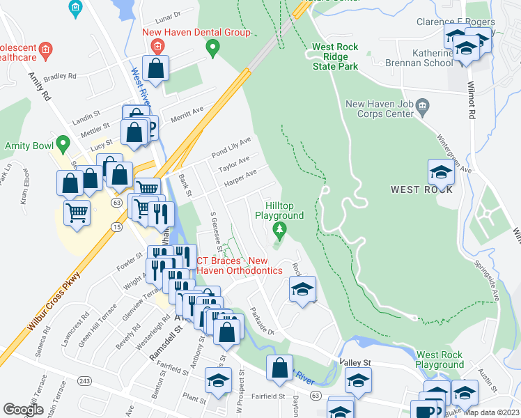 map of restaurants, bars, coffee shops, grocery stores, and more near 6 Hilltop Road in New Haven