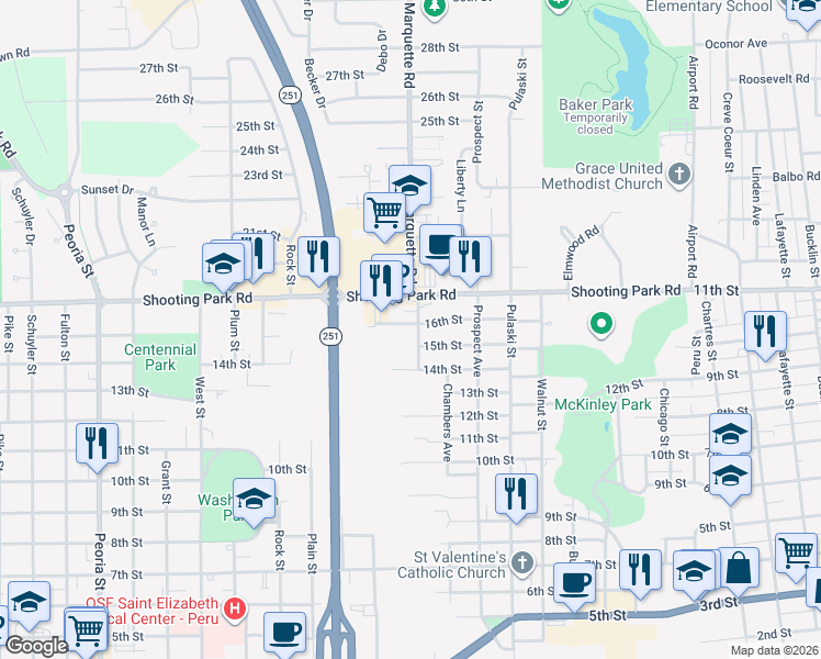 map of restaurants, bars, coffee shops, grocery stores, and more near 1907 Pine Street in Peru