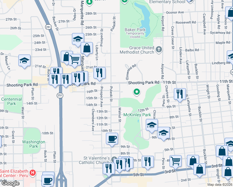 map of restaurants, bars, coffee shops, grocery stores, and more near 1904 Walnut Street in Peru