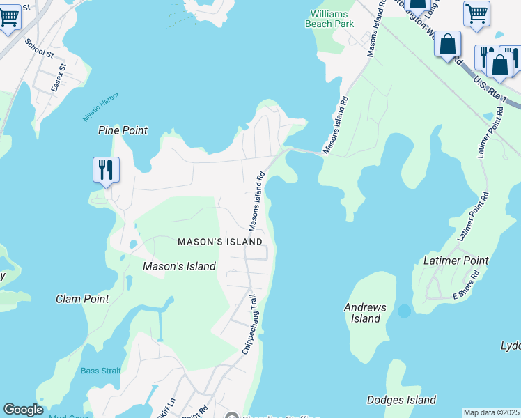 map of restaurants, bars, coffee shops, grocery stores, and more near 193 Masons Island Road in Stonington