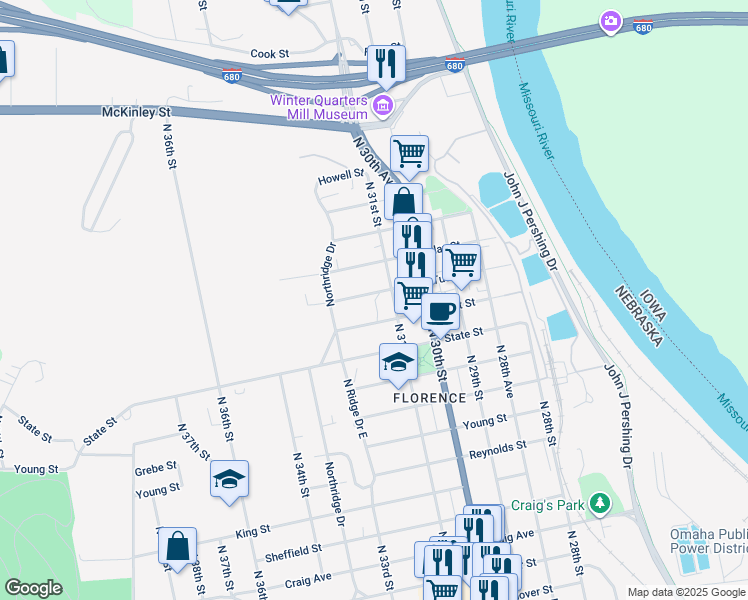 map of restaurants, bars, coffee shops, grocery stores, and more near 3111 Tucker Street in Omaha