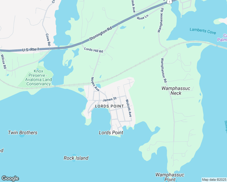 map of restaurants, bars, coffee shops, grocery stores, and more near 17 Langworthy Avenue in Stonington