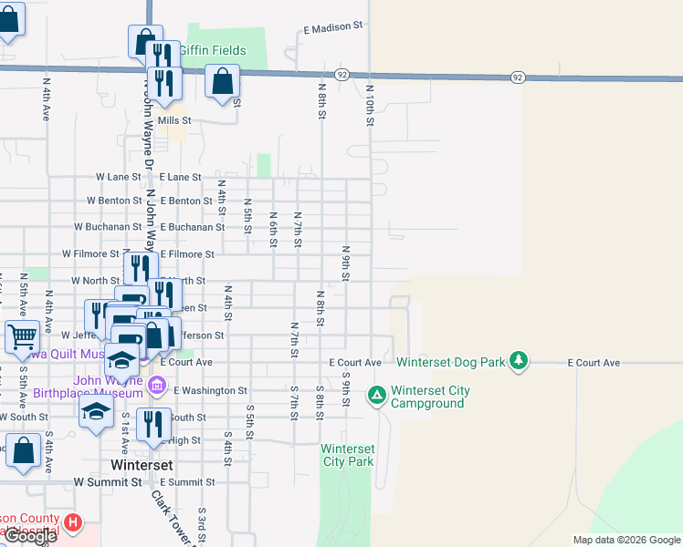 map of restaurants, bars, coffee shops, grocery stores, and more near 317 North 8th Street in Winterset