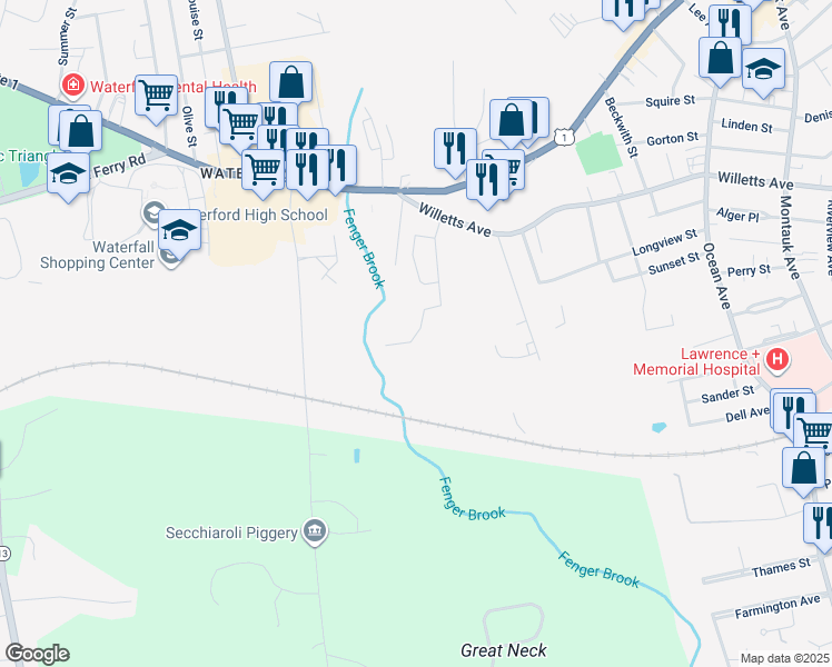 map of restaurants, bars, coffee shops, grocery stores, and more near 394 Willetts Avenue in Waterford