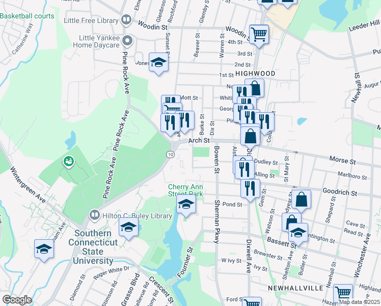 map of restaurants, bars, coffee shops, grocery stores, and more near 42 Warner Street in Hamden