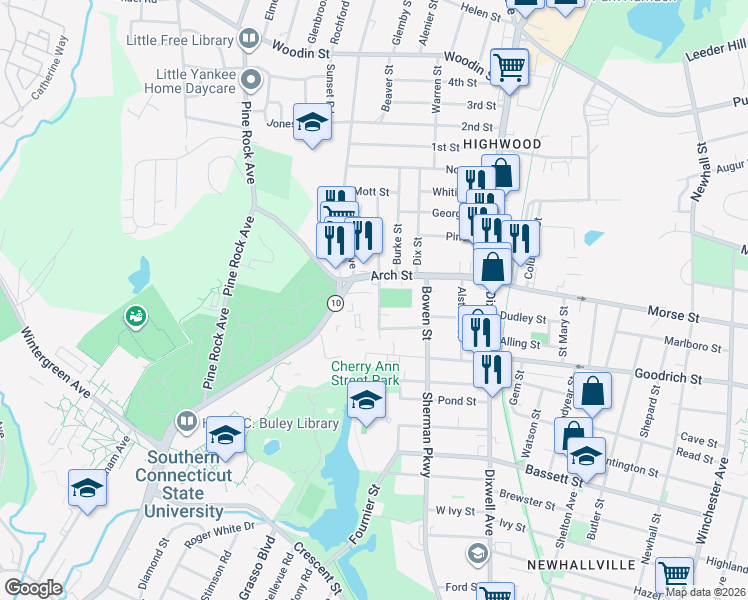 map of restaurants, bars, coffee shops, grocery stores, and more near 22 Warner Street in Hamden