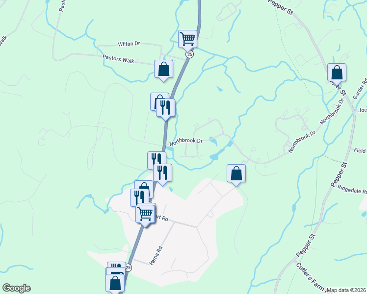 map of restaurants, bars, coffee shops, grocery stores, and more near 16 Stillmeadow Circle in Monroe