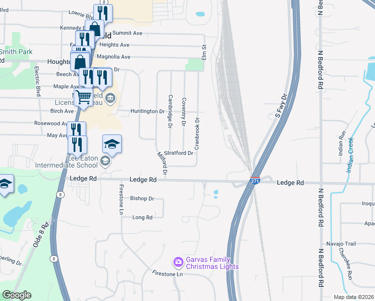 map of restaurants, bars, coffee shops, grocery stores, and more near 9032 Cranbrook Drive in Northfield