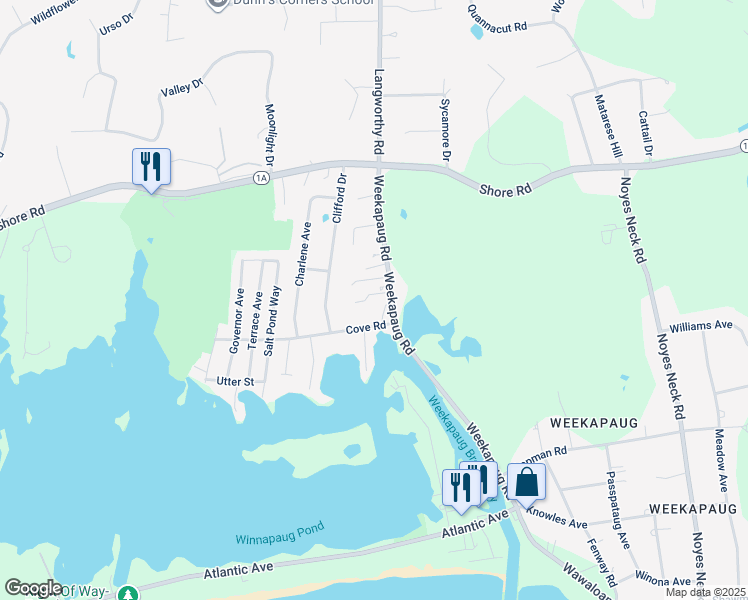 map of restaurants, bars, coffee shops, grocery stores, and more near 9 Cove Road in Westerly