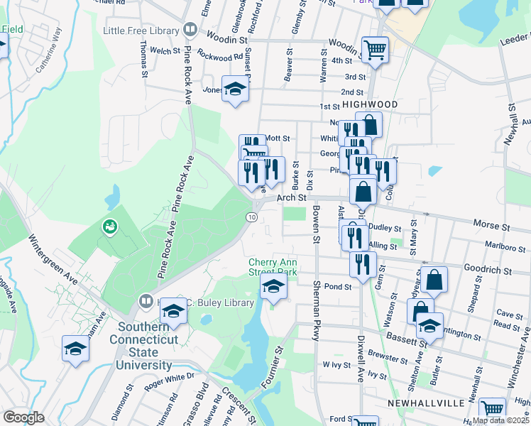 map of restaurants, bars, coffee shops, grocery stores, and more near 22 Warner Street in Hamden