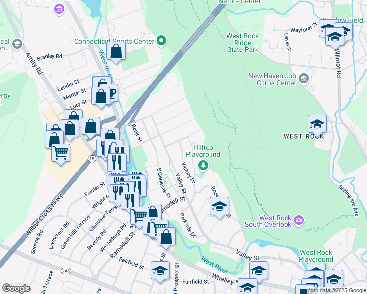 map of restaurants, bars, coffee shops, grocery stores, and more near 523 Valley Street in New Haven