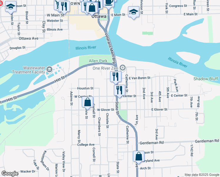 map of restaurants, bars, coffee shops, grocery stores, and more near 110 West Center Street in Ottawa