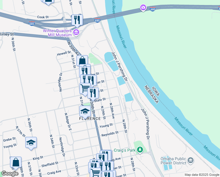 map of restaurants, bars, coffee shops, grocery stores, and more near 8402 North 28th Avenue in Omaha