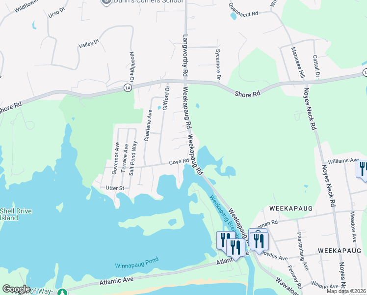 map of restaurants, bars, coffee shops, grocery stores, and more near 9 Cove Road in Westerly