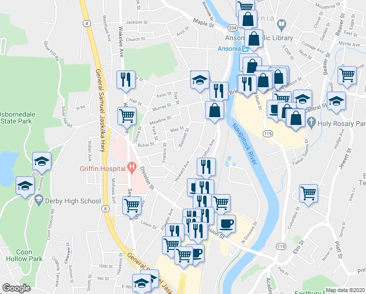 map of restaurants, bars, coffee shops, grocery stores, and more near 51 Bassett Street in Ansonia