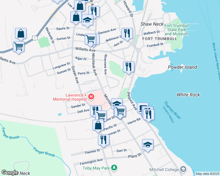 map of restaurants, bars, coffee shops, grocery stores, and more near 91 Riverview Avenue in New London