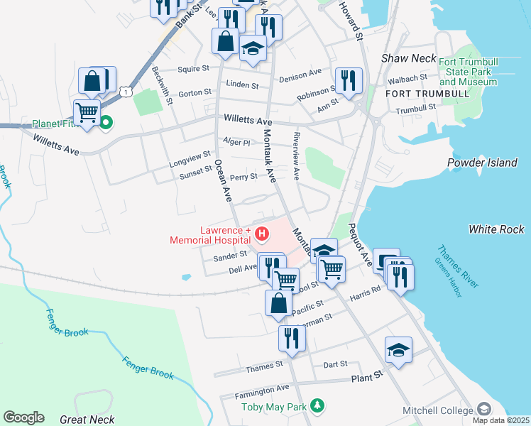 map of restaurants, bars, coffee shops, grocery stores, and more near 313 Montauk Avenue in New London